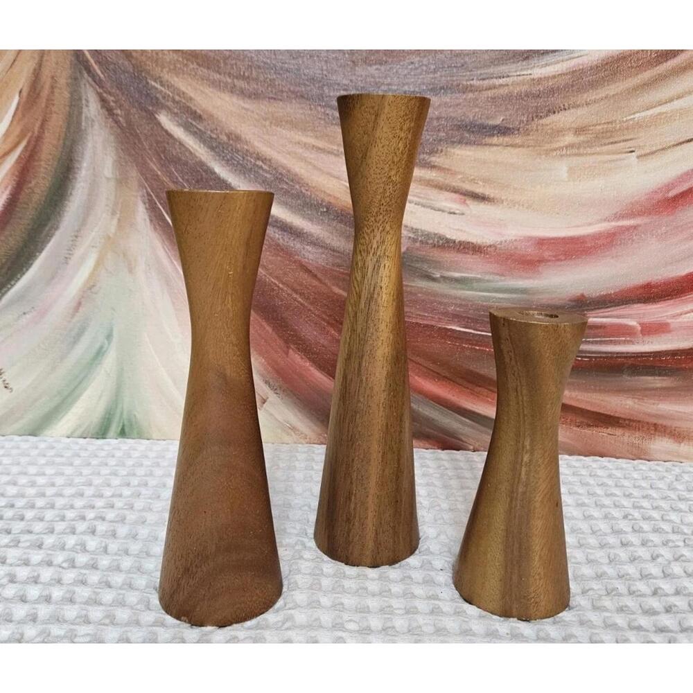 Vintage Set Of 3 Monkey Pod Wood Candle Holders Hibiscus Specialties Rare Lot